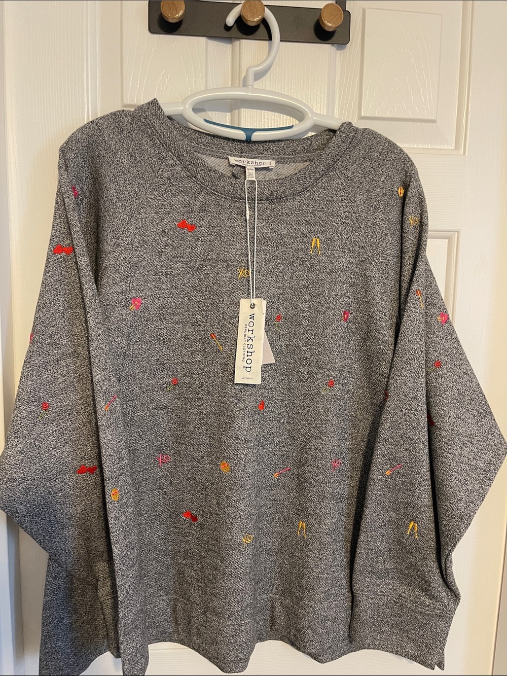 Workshop Republic Clothing Gray Crewneck Sweater with Multicolor Embroidery